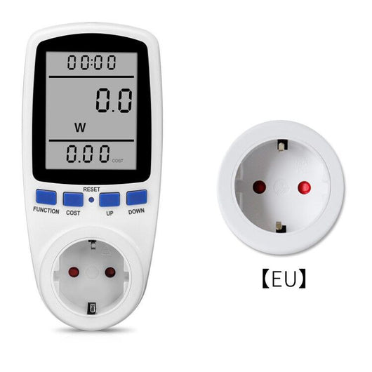 White digital power meter with an LCD screen displaying wattage and cost, featuring blue control buttons and a UK Type G plug socket.