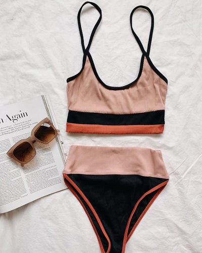 Women's color block ribbed two-piece swimsuit in navy blue, orange, and white with a high-waisted bottom. - Image 12