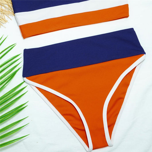 Women's color block ribbed two-piece swimsuit in navy blue, orange, and white with a high-waisted bottom. - Image 8