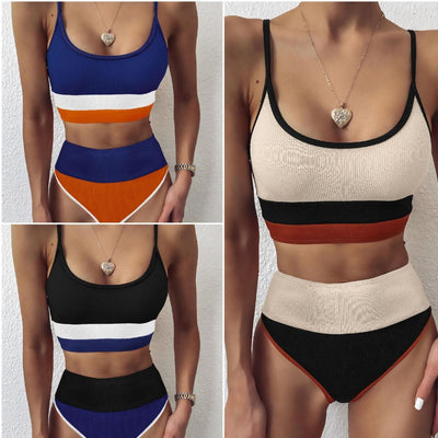 Women's color block ribbed two-piece swimsuit in navy blue, orange, and white with a high-waisted bottom. - Image 11