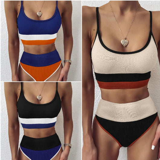 Women's color block ribbed two-piece swimsuit in navy blue, orange, and white with a high-waisted bottom. - Image 11