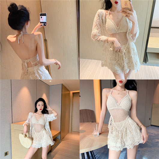 Light beige knitted halter top and fringed skirt swimsuit with sheer floral lace kimono cover-up. - Image 10