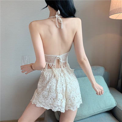 Light beige knitted halter top and fringed skirt swimsuit with sheer floral lace kimono cover-up. - Image 13