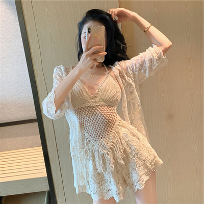 Light beige knitted halter top and fringed skirt swimsuit with sheer floral lace kimono cover-up. - Image 4