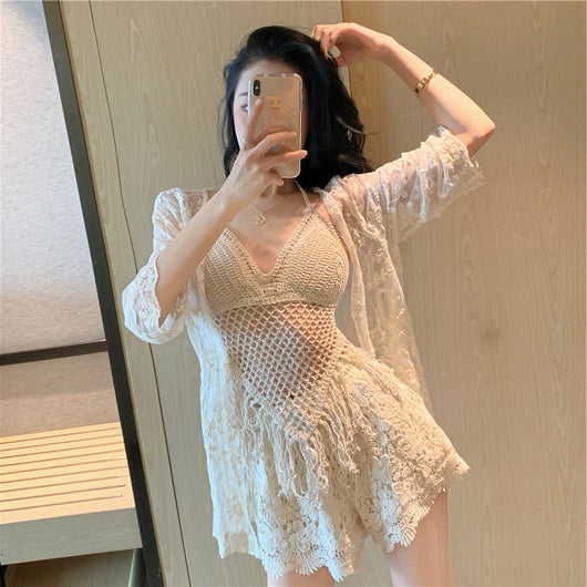 Light beige knitted halter top and fringed skirt swimsuit with sheer floral lace kimono cover-up. - Image 4