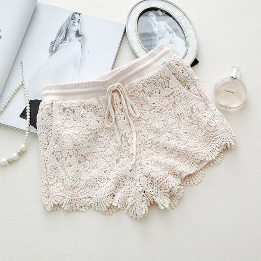 Light beige knitted halter top and fringed skirt swimsuit with sheer floral lace kimono cover-up. - Image 8