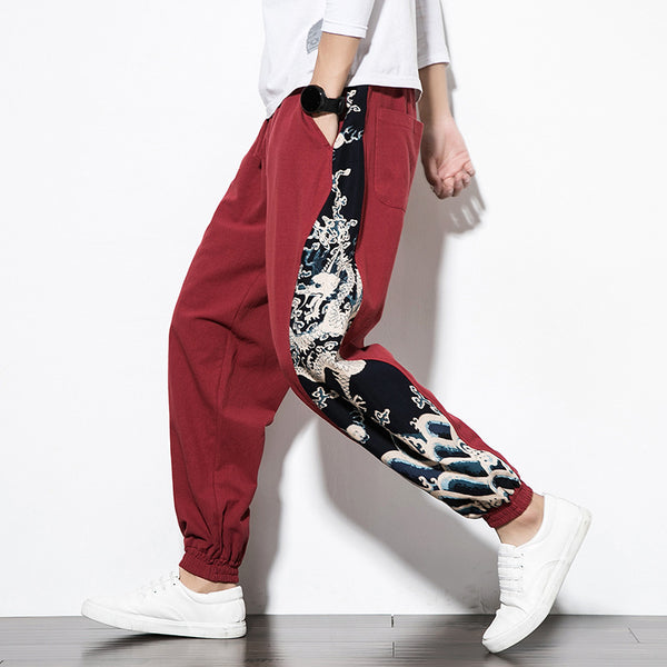 Pantalones de Lino y Algodón con Bordado de Dragón Chino