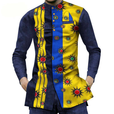 Camisa Larga Africana de Algodón con Costuras de Mezclilla y Tela Estampada - Image 11