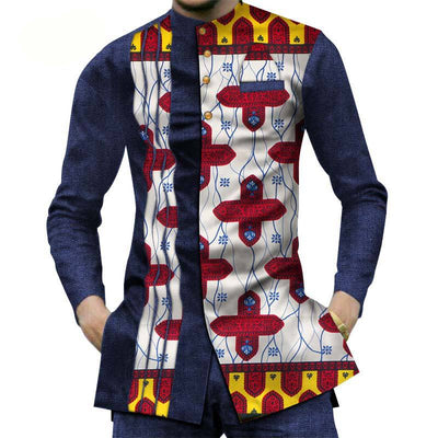 Camisa Larga Africana de Algodón con Costuras de Mezclilla y Tela Estampada - Image 12