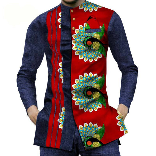 Camisa Larga Africana de Algodón con Costuras de Mezclilla y Tela Estampada - Image 19