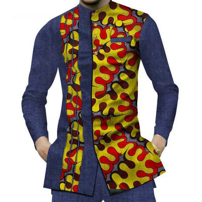 Camisa Larga Africana de Algodón con Costuras de Mezclilla y Tela Estampada - Image 22