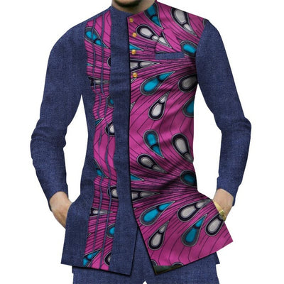 Camisa Larga Africana de Algodón con Costuras de Mezclilla y Tela Estampada - Image 21