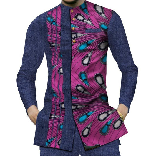 Camisa Larga Africana de Algodón con Costuras de Mezclilla y Tela Estampada - Image 21