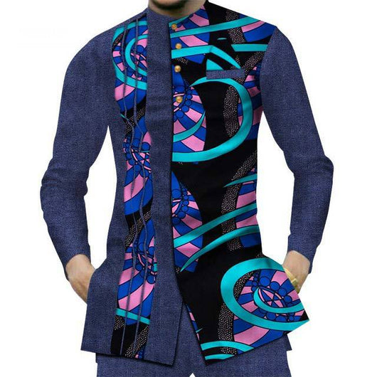 Camisa Larga Africana de Algodón con Costuras de Mezclilla y Tela Estampada - Image 18