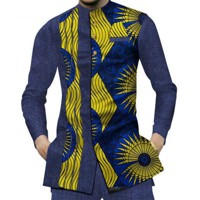 Camisa Larga Africana de Algodón con Costuras de Mezclilla y Tela Estampada - Image 23