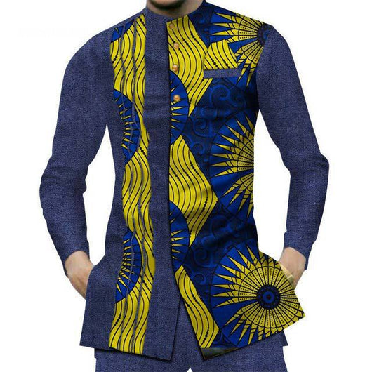 Camisa Larga Africana de Algodón con Costuras de Mezclilla y Tela Estampada - Image 23