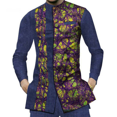 Camisa Larga Africana de Algodón con Costuras de Mezclilla y Tela Estampada - Image 20