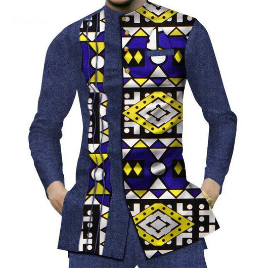 Camisa Larga Africana de Algodón con Costuras de Mezclilla y Tela Estampada - Image 24