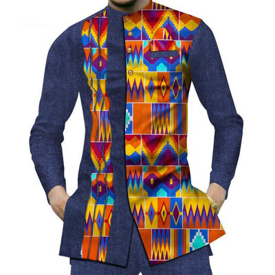 Camisa Larga Africana de Algodón con Costuras de Mezclilla y Tela Estampada - Image 28