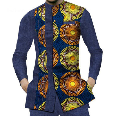 Camisa Larga Africana de Algodón con Costuras de Mezclilla y Tela Estampada - Image 27