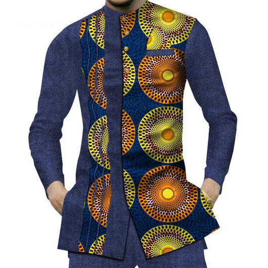 Camisa Larga Africana de Algodón con Costuras de Mezclilla y Tela Estampada - Image 27