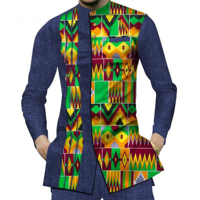 Camisa Larga Africana de Algodón con Costuras de Mezclilla y Tela Estampada - Image 29