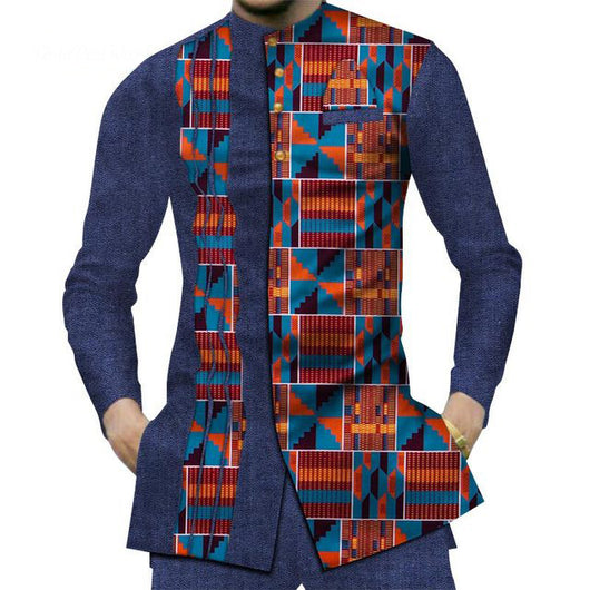Camisa Larga Africana de Algodón con Costuras de Mezclilla y Tela Estampada - Image 25