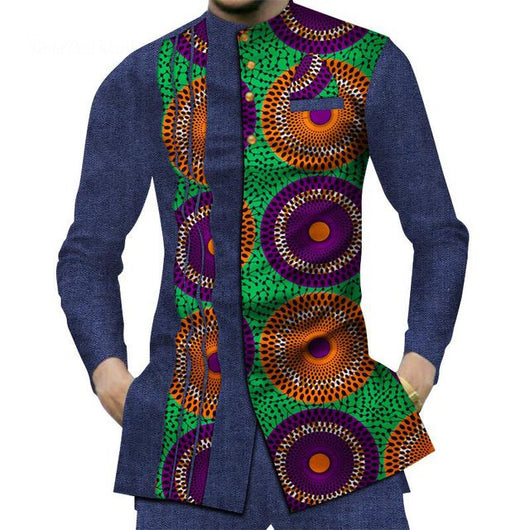 Camisa Larga Africana de Algodón con Costuras de Mezclilla y Tela Estampada - Image 30