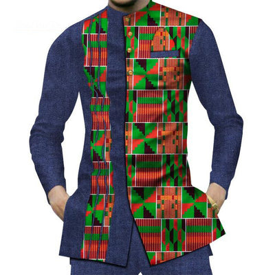 Camisa Larga Africana de Algodón con Costuras de Mezclilla y Tela Estampada - Image 26