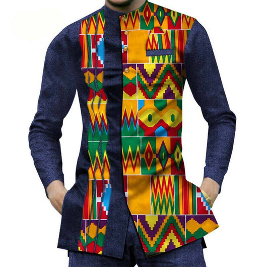Camisa Larga Africana de Algodón con Costuras de Mezclilla y Tela Estampada - Image 4