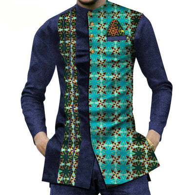 Camisa Larga Africana de Algodón con Costuras de Mezclilla y Tela Estampada