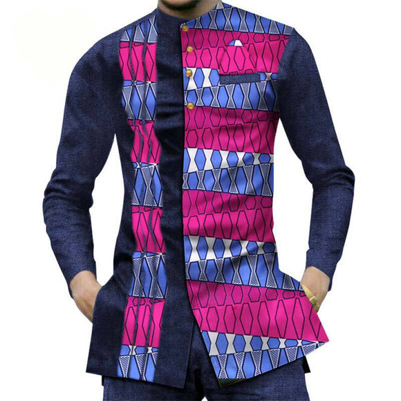 Camisa Larga Africana de Algodón con Costuras de Mezclilla y Tela Estampada