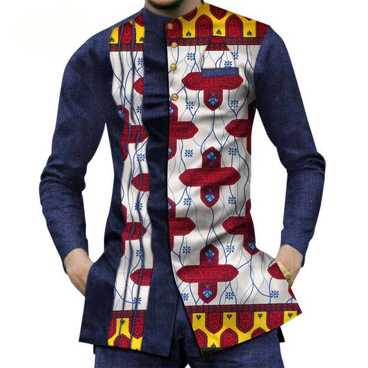 Camisa Larga Africana de Algodón con Costuras de Mezclilla y Tela Estampada - Image 7