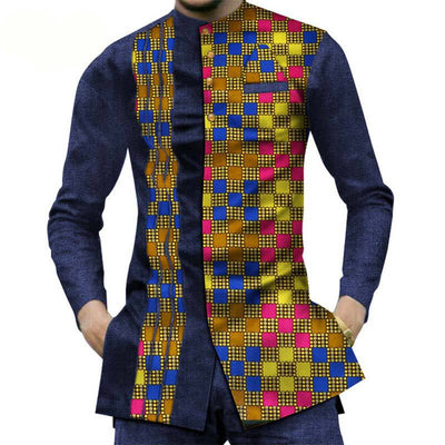 Camisa Larga Africana de Algodón con Costuras de Mezclilla y Tela Estampada - Image 3