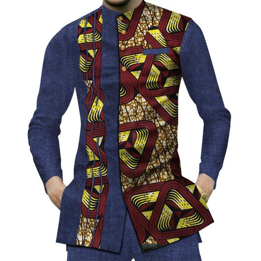 Camisa Larga Africana de Algodón con Costuras de Mezclilla y Tela Estampada - Image 9