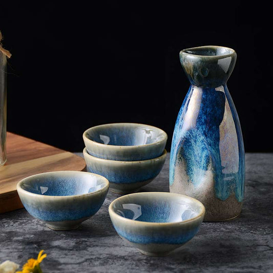 Juego de Sake Japonés Vintage - Botella de Cerámica con 4 Copas de Vidrio para Bar
