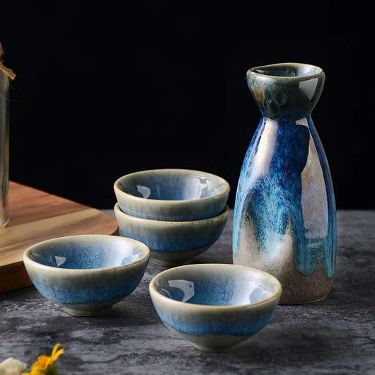 Juego de Sake Japonés Vintage - Botella de Cerámica con 4 Copas de Vidrio para Bar