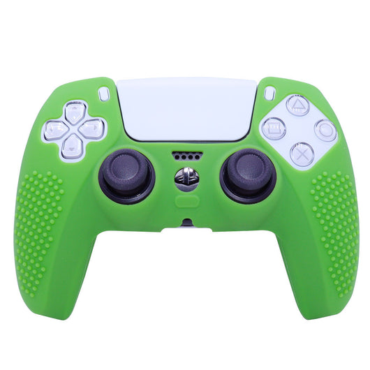 Pink silicone protective cover for PS5 gamepad with textured grips and skull and crossbones thumbstick cap. - Image 5