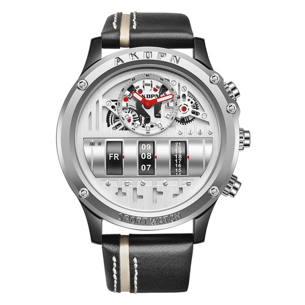 Reloj de Pulsera para Hombre Cuero Negro Diseño Creativo Plateado