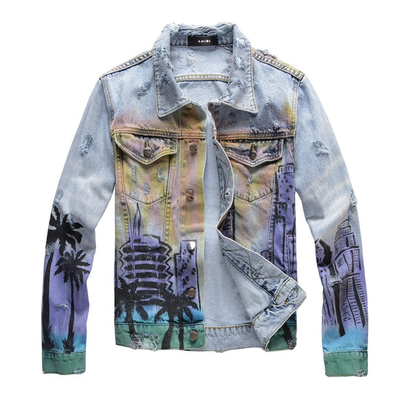 Chaqueta Denim Slim Estampado Graffiti para Hombre - Estilo Punk Urbano