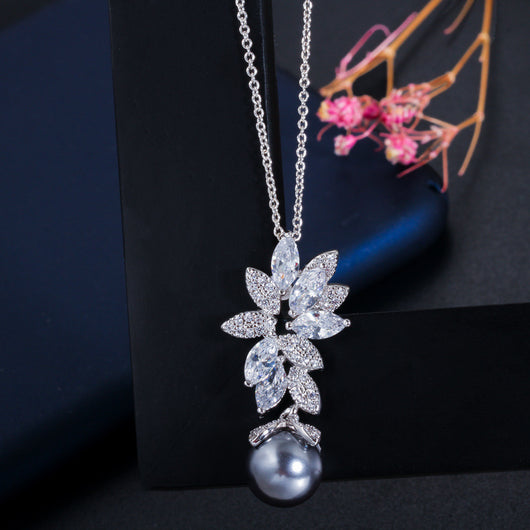 Conjunto de Collar y Aretes de Plata Esterlina 925 con Perla y Circonita - Diseño Coreano Versátil