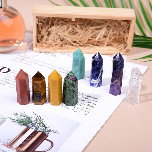 Set de Puntas de Cristal Natural Cuarzo Blanco con Caja de Madera de 8 Colores - Image 5