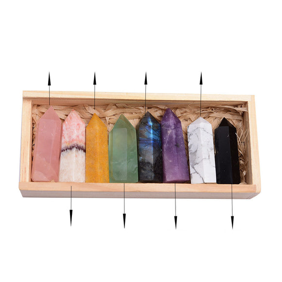 Set de Puntas de Cristal Natural Cuarzo Blanco con Caja de Madera de 8 Colores