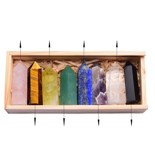 Set de Puntas de Cristal Natural Cuarzo Blanco con Caja de Madera de 8 Colores