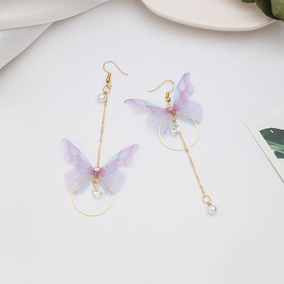 Aretes Mariposa Asimétricos con Borla de Perla y Circón - Diseño Círculo Largo - Image 6