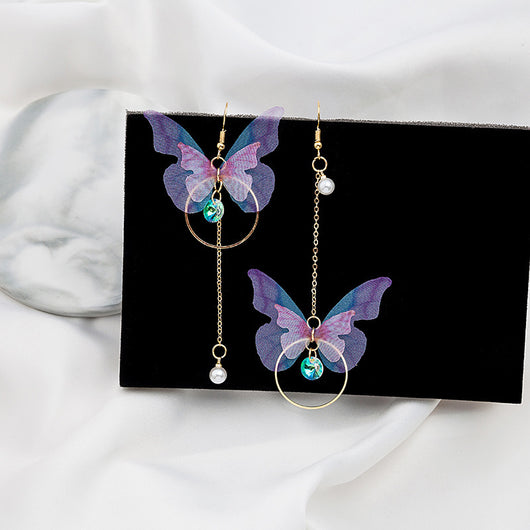 Aretes Mariposa Asimétricos con Borla de Perla y Circón - Diseño Círculo Largo - Image 4