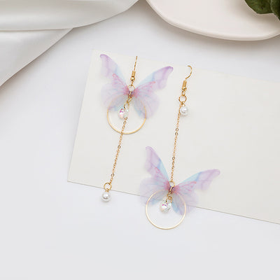 Aretes Mariposa Asimétricos con Borla de Perla y Circón - Diseño Círculo Largo