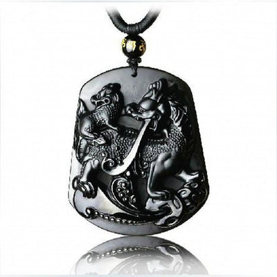 Collar Pixiu Madre e Hijo en Obsidiana Natural para Hombre y Mujer