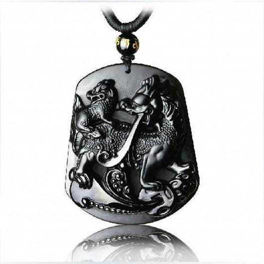 Collar Pixiu Madre e Hijo en Obsidiana Natural para Hombre y Mujer