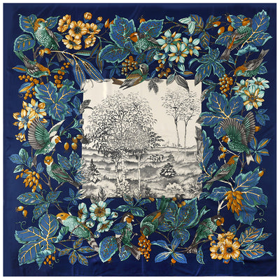 Pañuelo de Seda Cuadrado Estampado Flores Selva y Aves